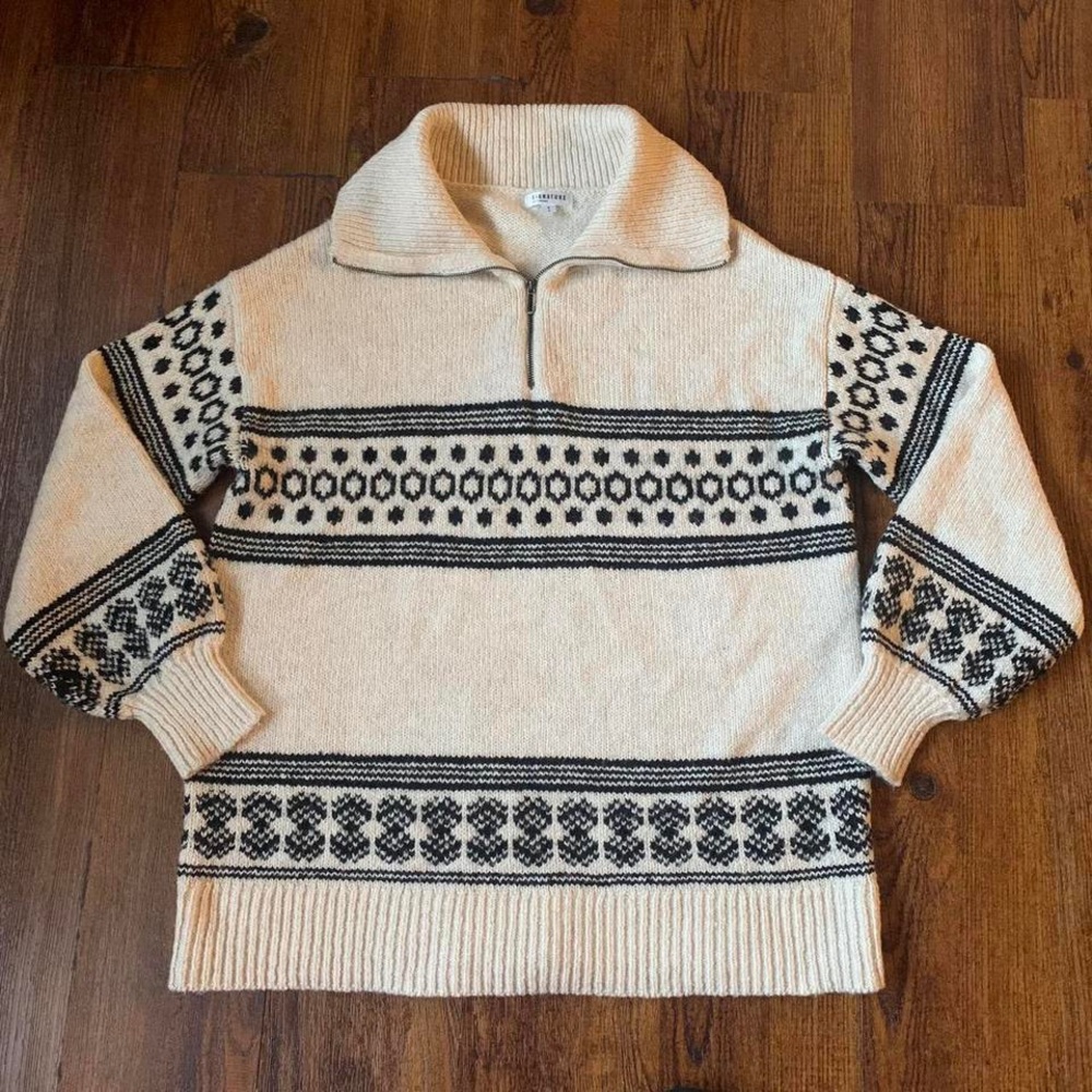 Reitmans Cream Black Fair Isle Half Zip Knit Sweater Size Small Cozy Winter